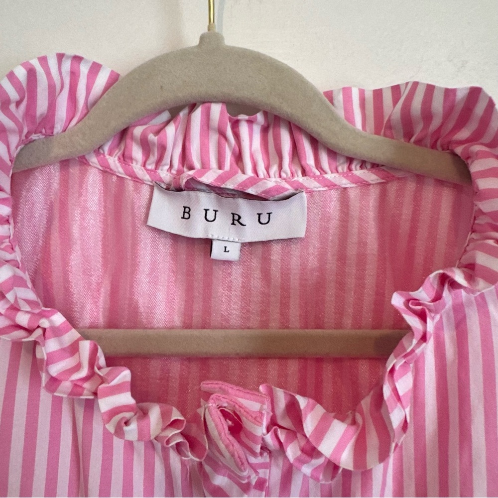 Buru Pink White Stripes Midi Dress Size Large Button Down Grandmillenial Classic - Picture 4 of 6